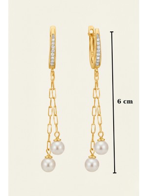 BymissMücevherat 925 Ayar Gümüş Özel Üretim 6 mm Inci Sallantılı Küpe 6 cm Çift Zincirli Kadın Küpe