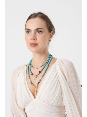 db DİLEK BAŞ TASARIM Üçlü Turkuaz Taşlı Kolye