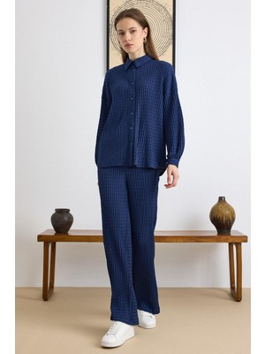 Olcay Kendinden Desenli Gömlek Pantolon Ikili Takım Lacivert 9412-TK