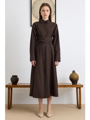 Olcay Düğme Kapamalı Kuşak Detaylı Kloş Pamuklu Elbise KAHVE 9419-E