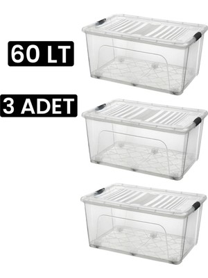 Qs Plastik Depolama Saklama Kutusu Tekerlekli Düzenleyici Kilitli Saklama Kabı 3 Adet 60 Lt Şeffaf