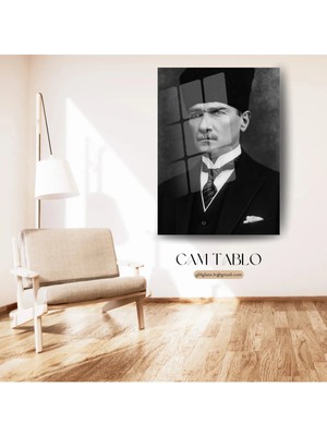 Glitglass Gazi Mustafa Kemal Atatürk Resmi Portre Siyah Beyaz Dekoratif Cam Tablo