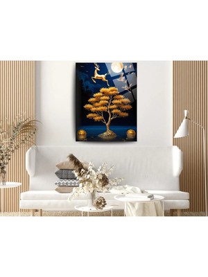 Glitglass Altın Geyik ve Ay Işığı Temperli Cam Tablo