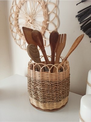 Feyza Design Doğal Hasır Bambu Rattan Saksı ve Dekoratif Saksı 16X16 cm