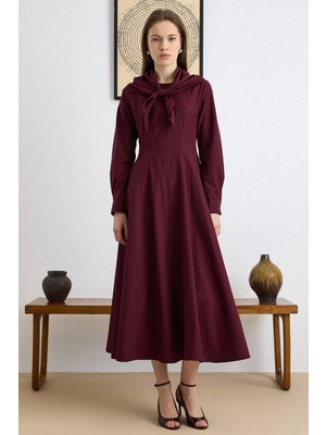 Olcay Fular Detaylı Kloş Pamuklu Elbise BORDO 9420-E