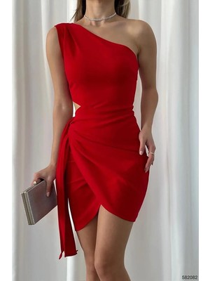 Ezraa Kırmızı Tek Omuz Bel Bağlamalı Asimetrik Etek Elbise
