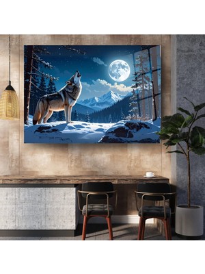 Glitglass Cam Tablo Ay Işığında Kurt Uluması