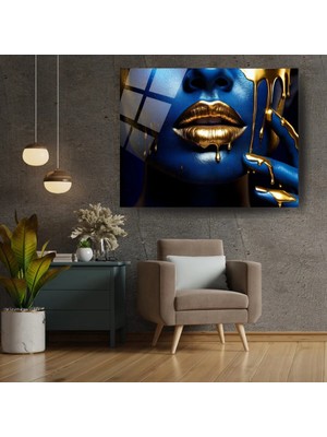 Glitglass Lüks Mavi ve Altın Damlayan Dudaklar Cam Tablo – Modern Soyut Yüz Dekoru