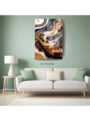 Glitglass Gold Siyah Mermer Desen Akrilik Tarz Temperli Cam Tablo - Salon Duvar Dekor