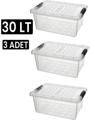 Qs Plastik Depolama Saklama Kutusu Düzenleyici Kilitli Saklama Kabı 3 Adet 30 Lt Şeffaf