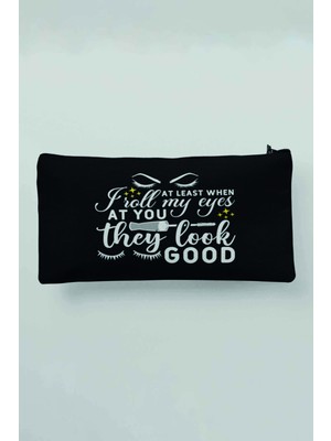 Özgürce Baskılı Siyah Bez Makyaj Çantası, Kalemlik ve Cüzdan Fonksiyonlu