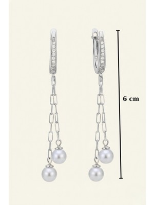 BymissMücevherat 925 Ayar Gümüş Özel Üretim 6 mm Inci Sallantılı Küpe 6 cm Çift Zincirli Kadın Küpe