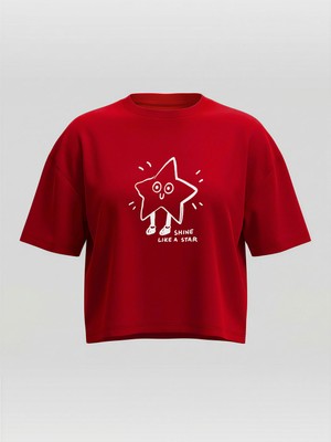 Broco Kadın Oversize Yumuşak Kumaş Shine Like A Star Crop T-Shirt