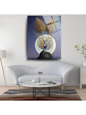 Glitglass Cam Tablo - Soyut Altın Geyik ve Melek Kanatları