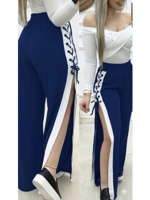 Modatıkla Kadın Yüksek Bel Yandan Çapraz Bağcıklı Yırtmaçlı Viskon Iki Iplik Pantolon