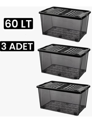 Qs Plastik Depolama Saklama Kutusu Tekerlekli Düzenleyici Kilitli Saklama Kabı 3 Adet 60 Lt Antrasit