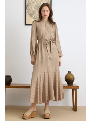 Olcay Eteği Kloş Kendiliğinden Desenli Elbise KAMEL 9443-E