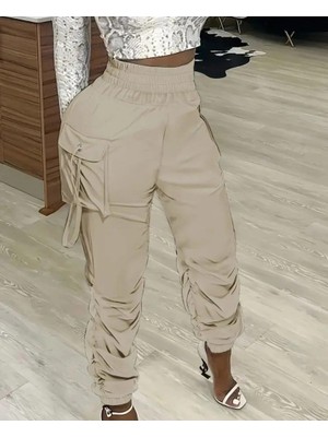 Modatıkla Kadın Yüksek Bel Beli Lastikli Kargo Cep Detaylı Gabardin Pantolon
