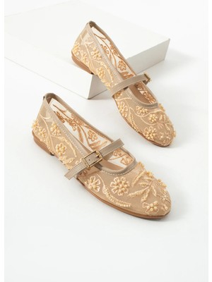 Kadın Bej Dantel Babet Boncuk Nakışlı Bilekten Bantlı Rahat Düz Taban Şık Yazlık Ayakkabı Egano