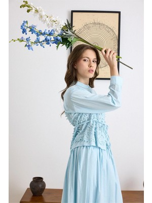 Olcay Üç Boyutlu Aplikeli Exclusive Gömlek Etek Takım Mavi 9438-TK