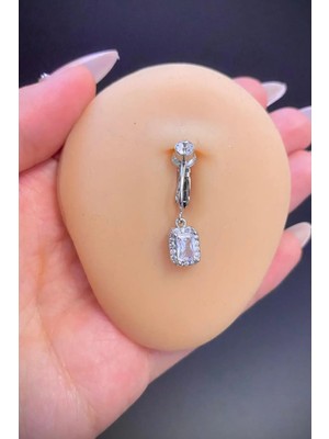 Blisse Piercing Gümüş Renk Baget Zirkon Taşlı Sallantılı Deliksiz Çelik Göbek Piercing