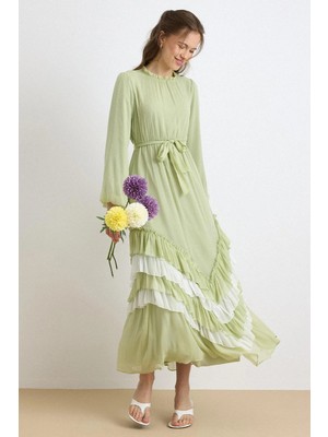 Olcay Kat Kat Etekli Beli Büzgülü Şifon Elbise Çağla 9428-E