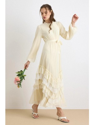 Olcay Kat Kat Etekli Beli Büzgülü Şifon Elbise Sarı 9428-E