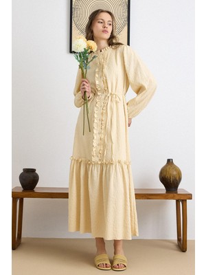 Olcay Fırfır Detaylı Jakar Elbise Sarı 9431-E