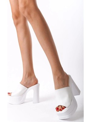 M&B COLLECT Kadın Marci Beyaz Geniş Bantlı (12 cm ) Platform Topuklu Terlik 1001