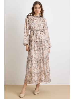 Olcay Fır Fır Detaylı Çiçek Desenli Kristal Şifon Elbise Kahve 9435-E