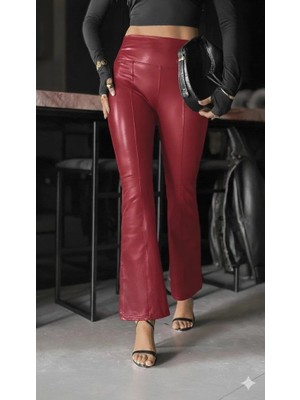 Modatıkla Kadın Yüksek Bel Paçaya Doğru Geniş Deri Pantolon