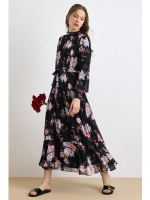Olcay Pilise Detaylı Çiçek Desenli Şifon Elbise Siyah 9442-E