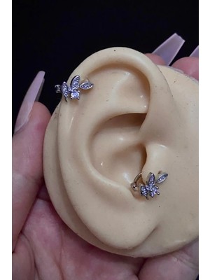 Blisse Piercing Kadın Yaprak Figürlü Zirkon Taşlı Tragus Helix Kıkırdak Halka Çelik Piercing