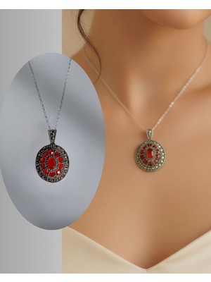 925 Ayar Gümüş Kırmızı Markazit Akik Taşlı Otantik Tasarım Kadın Kolye