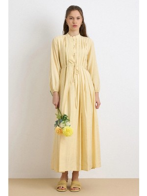 Olcay Düğme Kapamalı Pile Detaylı Kloş Elbise Sarı 9430-E