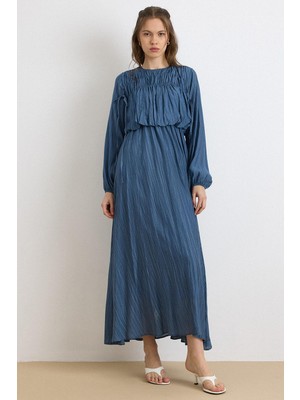 Olcay Büzgü ve Bağcık Detaylı Beli Büzgülü Elbise Indigo 9434-E