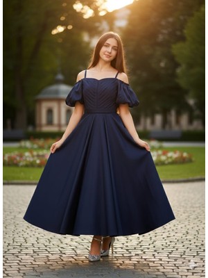 Tarz Çocuk Lacivert Saten Askılı Mezuniyet Kız Çocuk Abiye Elbise – Şık Davet Elbisesi