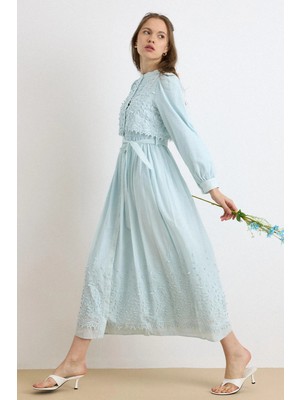 Olcay Pelerin ve Eteği Üç Boyutlu Aplikeli Exclusive Elbise Açık Mavi 9432-E