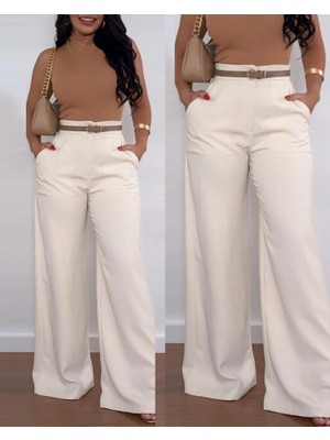 Modatıkla Kadın Yüksek Bel Geniş Paça Detaylı Cepli Ithal Krep Pantolon