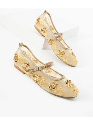 Kadın Altın Taşlı File Babet Mary Jane Işıltılı Payetli Şık Ayakkabı Romea