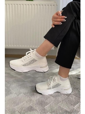 Difolia Kadın Beyaz Triko Taşlı Spor Ayakkabı & Sneaker