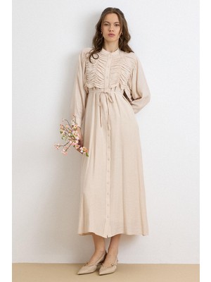 Olcay Büzgü ve Pelerin Detaylı Elbise BEJ 9433-E