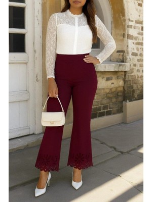 Modatıkla Kadın Yüksek Bel Paçaya Doğru Genişleyen Lazer Çiçek Kesim Detaylı Ithal Krep Pantolon