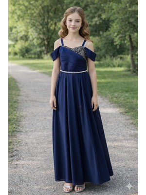 Tarz Çocuk Genç Kız Abiye Lacivert Uzun Elbise – Taş Detaylı Mezuniyet, Düğün ve Nişan Elbisesi