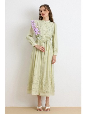 Olcay Pelerin ve Eteği Üç Boyutlu Aplikeli Exclusive Elbise Çağla 9432-E