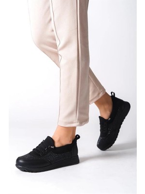 M&B COLLECT Kadın Siyah Taşlı Bağcıklı Lastikli Ortopedik Rahat Taban Taş Detaylı Günlük Babet Anne Ayakkabısı