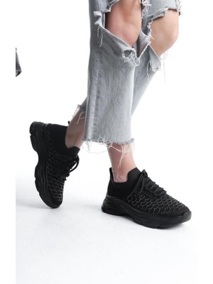 Difolia Kadın Siyah Triko Taşlı Spor Ayakkabı & Sneaker