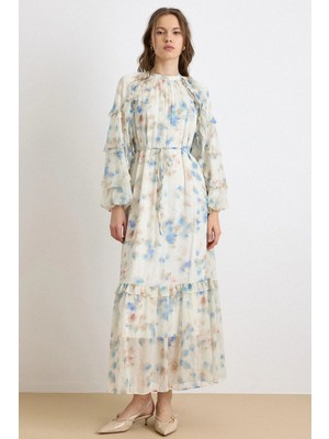 Olcay Kat Kat Fır Fır Detaylı Desenli Kristal Şifon Elbise Mavi 9436-E