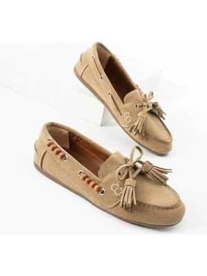 Dicle Polat Kadın Bej Süet Loafer Ayakkabı Püsküllü Bağcıklı Günlük Makosen Model Carlas