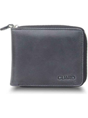 Guard Antik Siyah Hakiki Deri Tam Fermuarlı Yatay Mini Cüzdan // GRD260225WT1485